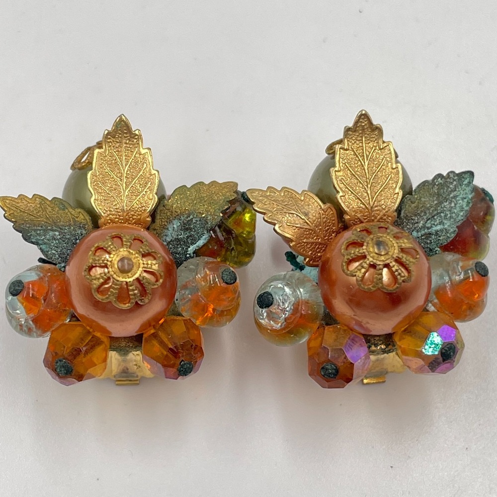 Vintage 1950s West Germany Style Autumn Cluster Faux Pearl Glass Clip On Earring